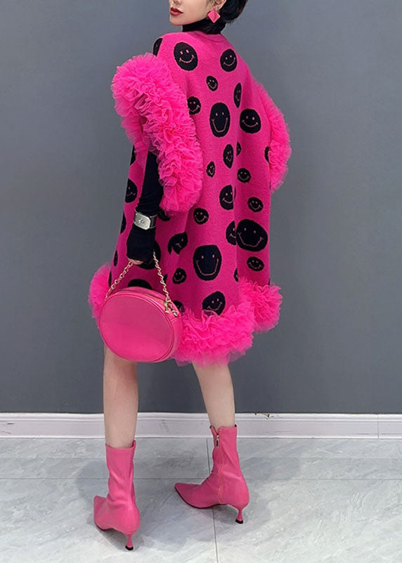 Rose Dot Print Tulle Patchwork Knit Waistcoat Sleeveless