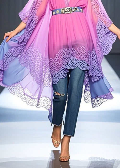 Rose Gradient Color V Neck Lace Tulle Dress Bracelet Sleeve