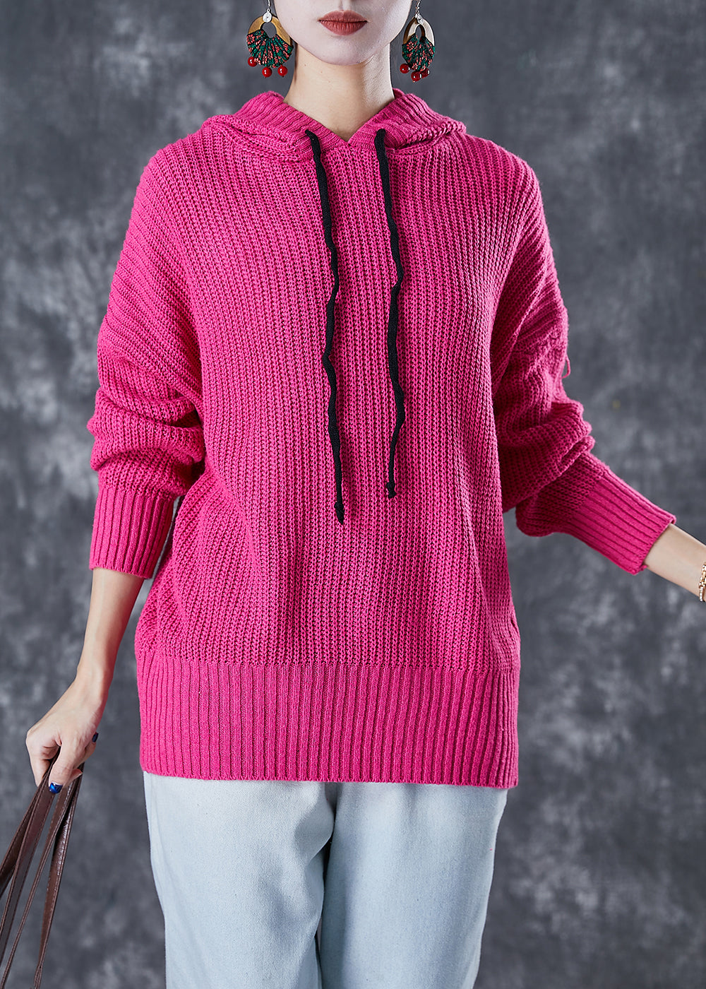 Rose Hooded Drawstring Knit Sweatshirts Tracksuits Fall