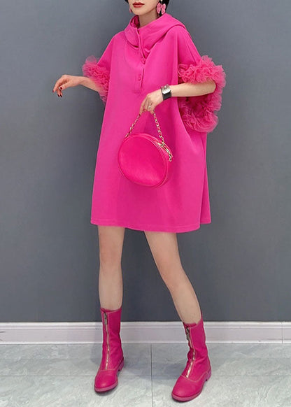 Rose Hooded Tulle Ruffled Patchwork Cotton Mini Dresses Summer