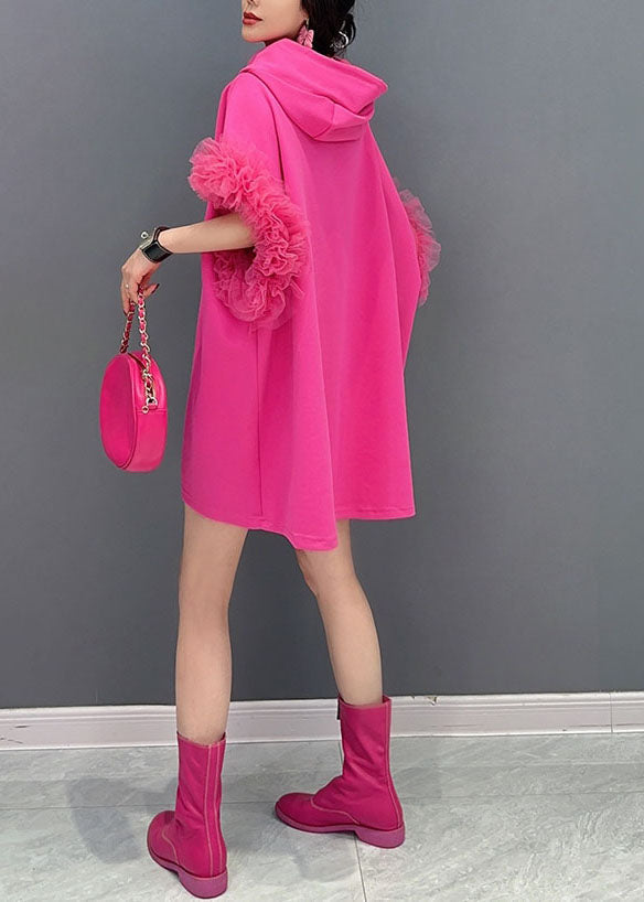 Rose Hooded Tulle Ruffled Patchwork Cotton Mini Dresses Summer
