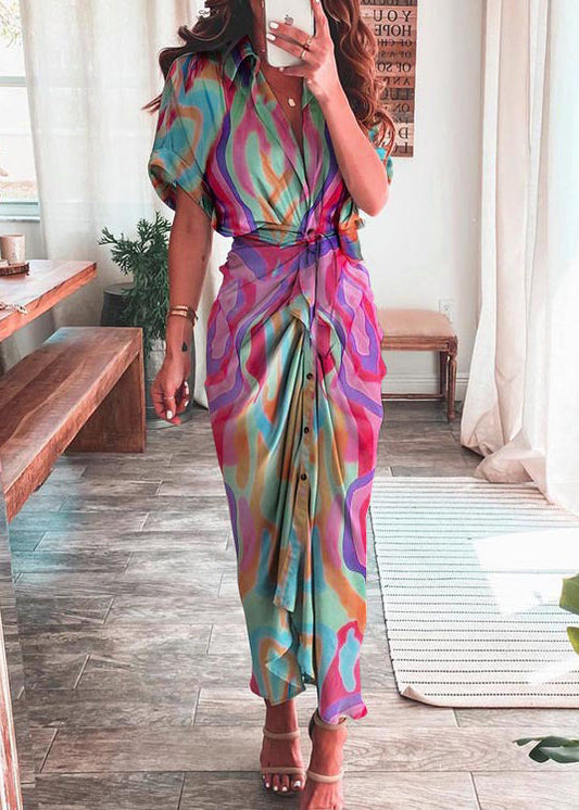 Rose Lantern Sleeve Lace Up Slit Lapel Dress
