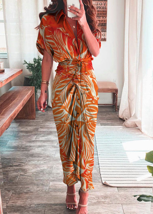 Rose Lantern Sleeve Lace Up Slit Lapel Dress