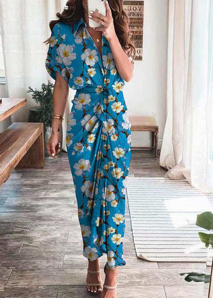 Rose Lantern Sleeve Lace Up Slit Lapel Dress
