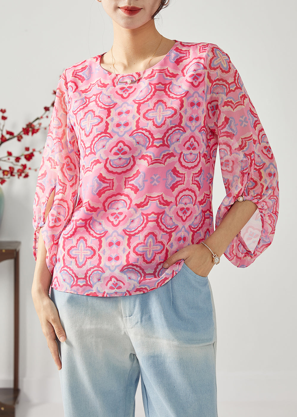 Rose Oversized Print Chiffon Shirt Top Bracelet Sleeve