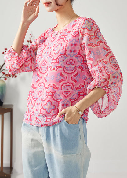 Rose Oversized Print Chiffon Shirt Top Bracelet Sleeve