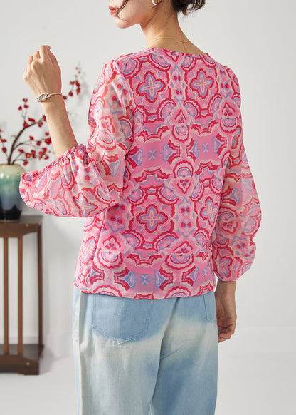 Rose Oversized Print Chiffon Shirt Top Bracelet Sleeve
