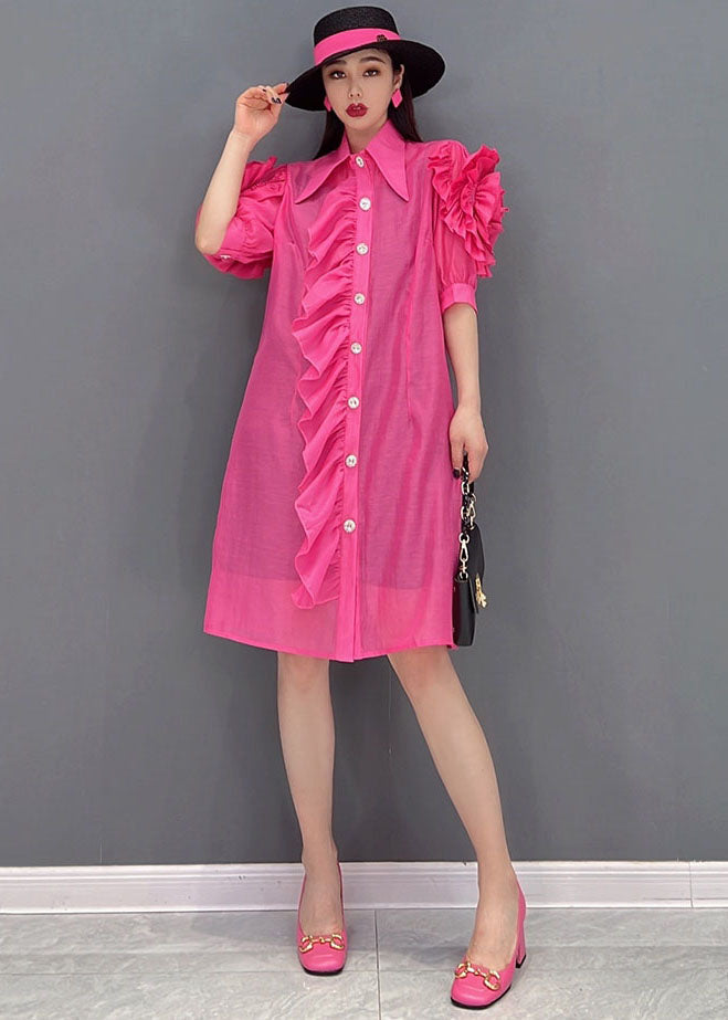 Rose Peter Pan Collar Patchwork Ruffles Silk Maxi Dresses Short Sleeve