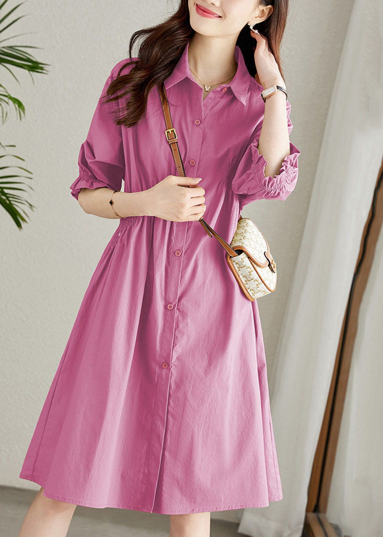 Rose Peter Pan Collar Ruffled Patchwork Cotton Shirts Dress Summer