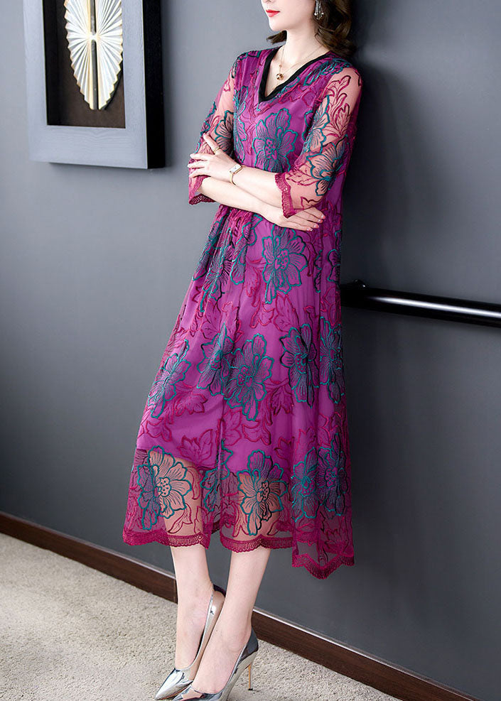 Rose V Neck Embroideried Patchwork Silk Dresses Summer