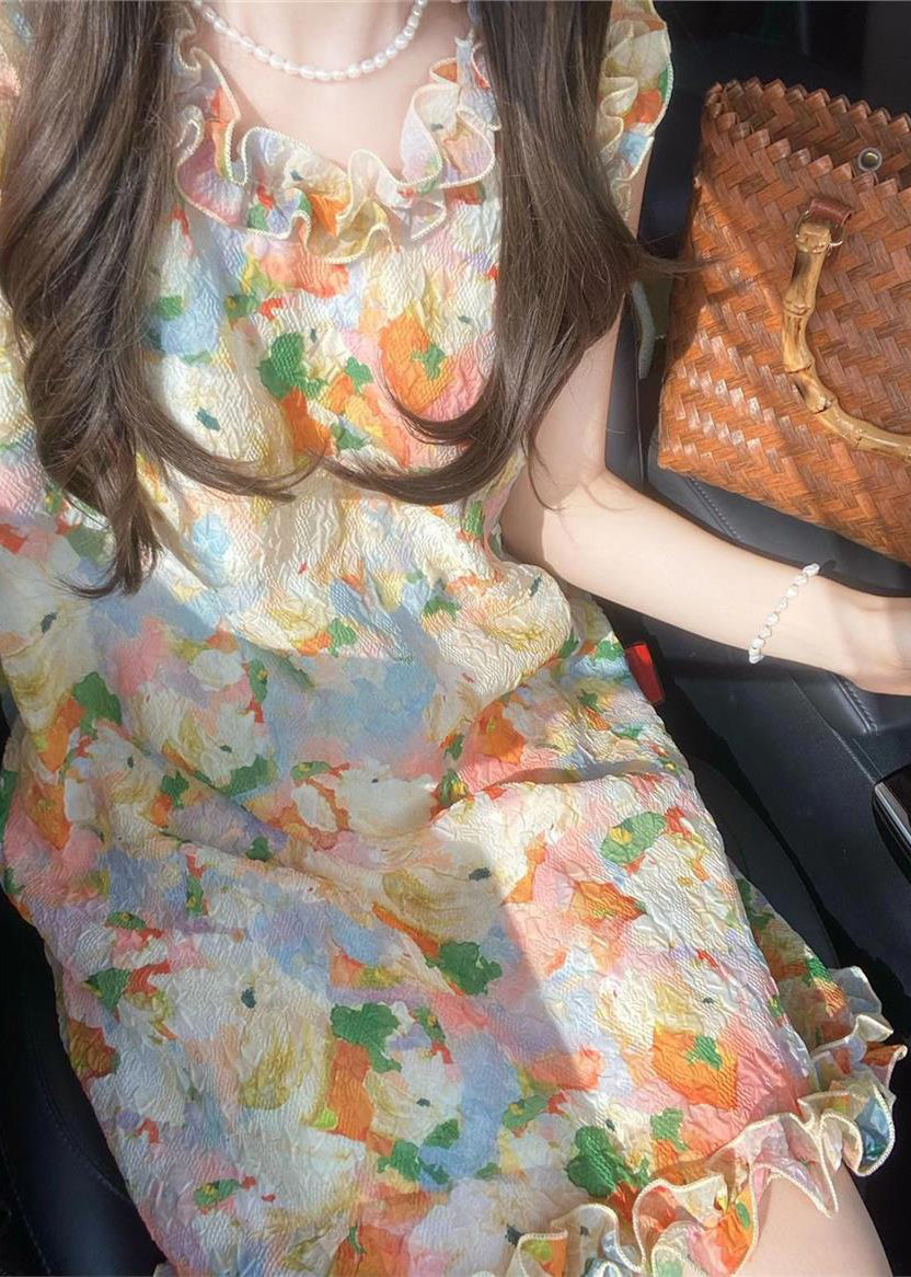 Ruffled Print Mid Dresses Sleeveless