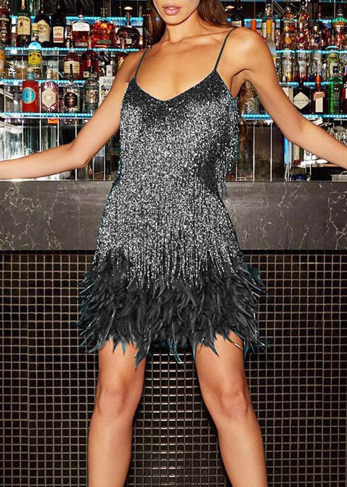 Pink V-neck Tassel Sequin Feather Patchwork Suspender Dress