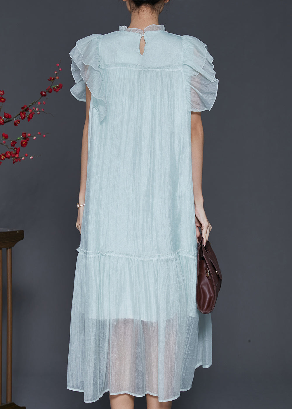 Sky Blue Ruffled Silk Maxi Dresses Summer