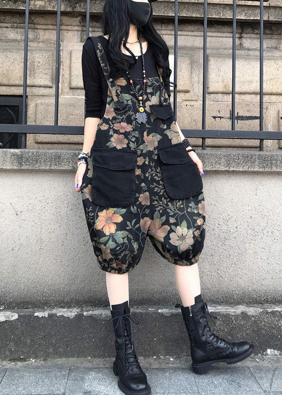 Slash Neck Print Patchwork Button Denim Jumpsuit Spring