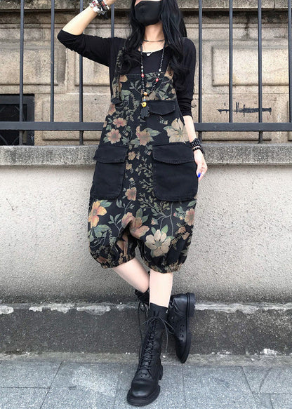 Slash Neck Print Patchwork Button Denim Jumpsuit Spring