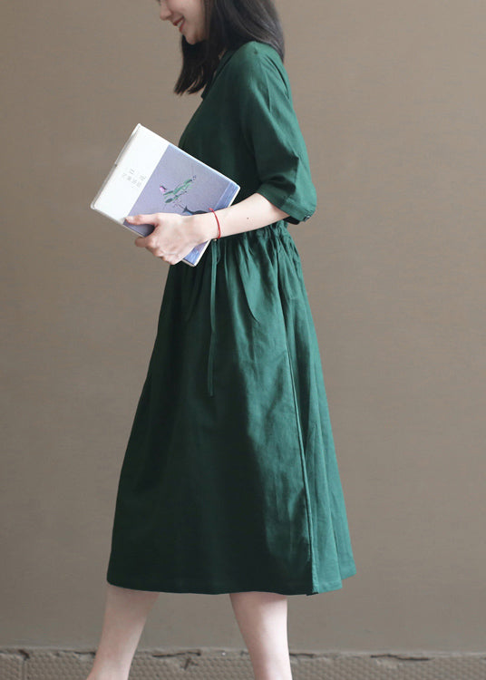 Green Drawstring Peter Pan Collar Linen Long Dress Half Sleeve
