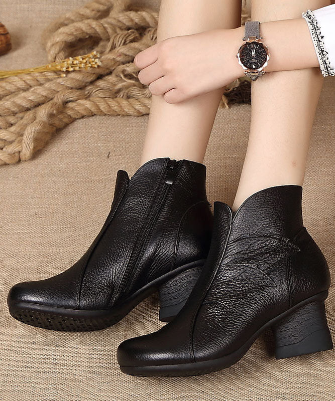 Splicing Chunky Boots Black Cowhide Leather