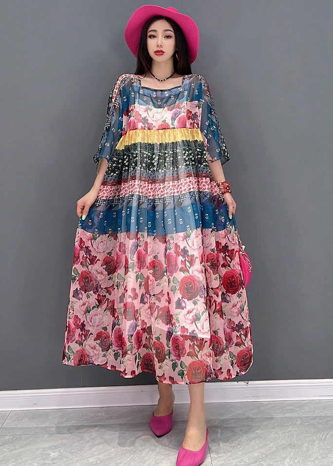 Square Collar Print Chiffon Long Dresses Short Sleeve