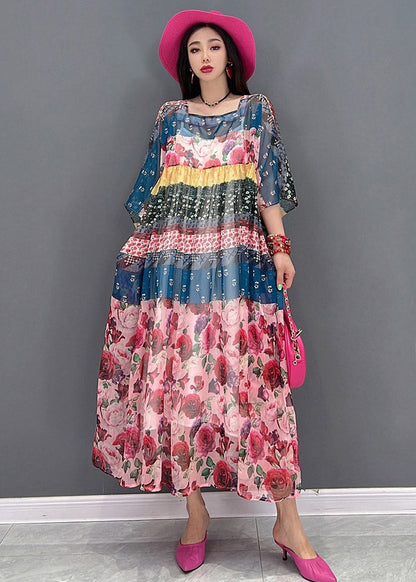 Square Collar Print Chiffon Long Dresses Short Sleeve