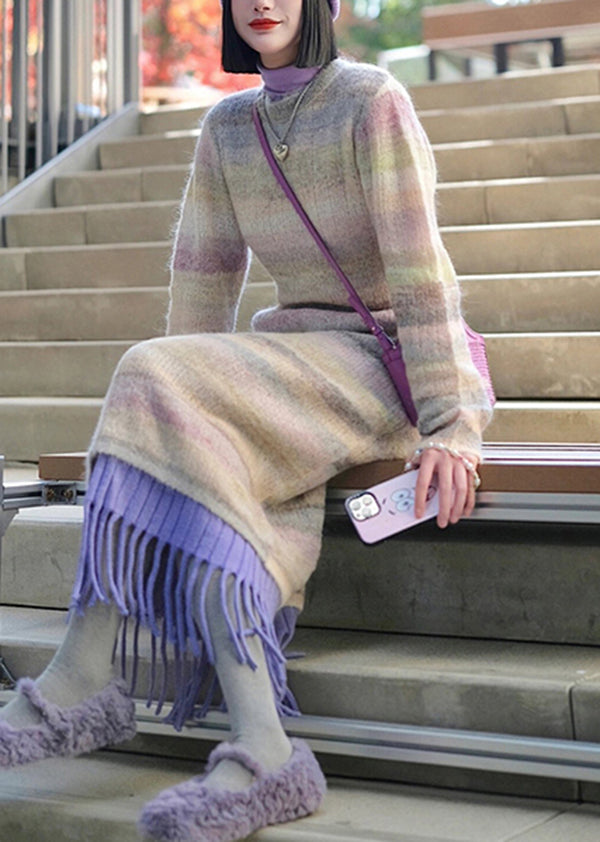 Striped O-neck Tassel Patchwork Ma Hai Mao Knit Dress Winter
