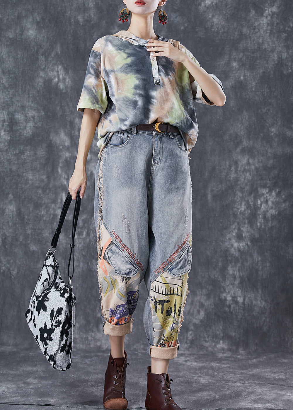 Tie Dye Patchwork Hooded Cotton Two Pieces Set Summer