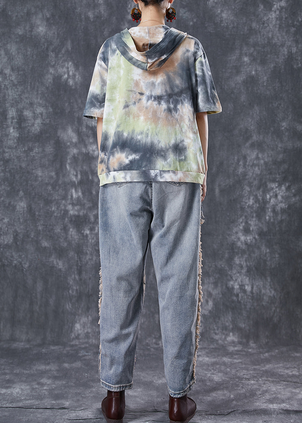 Tie Dye Patchwork Hooded Cotton Two Pieces Set Summer