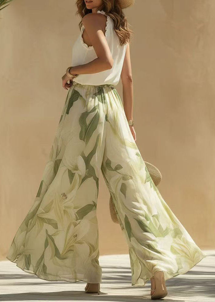 V Neck Ruffled Print Cotton Two Pieces Set Summer