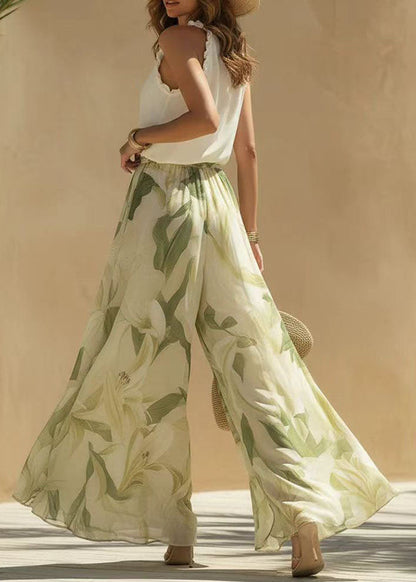 V Neck Ruffled Print Cotton Two Pieces Set Summer