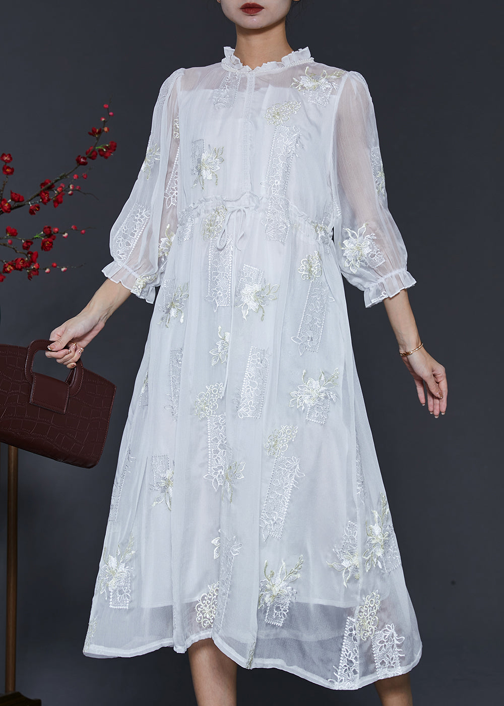 White Embroidered Silk Cinched Dresses Summer