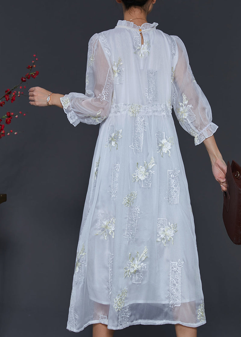White Embroidered Silk Cinched Dresses Summer