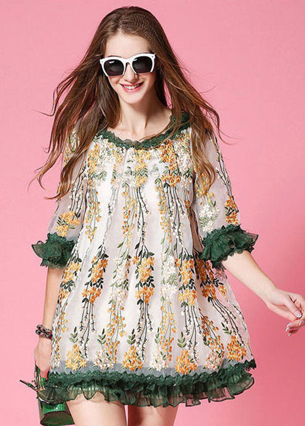 White Embroideried Patchwork Organza Day Dress Spring