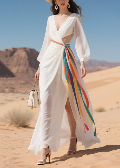 White Hollow Out Multicolour Ribbon Chiffon Robe Dresses Summer