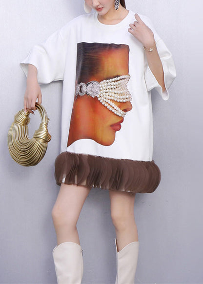 White Nail Bead Patchwork Cotton Mini Dress Summer