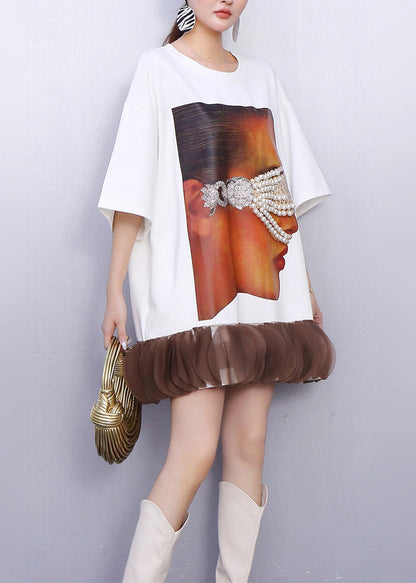 White Nail Bead Patchwork Cotton Mini Dress Summer