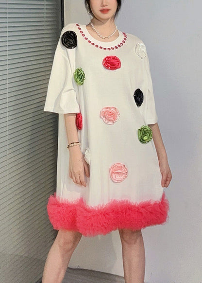 White O Neck Zircon Cotton Mid Dress Summer
