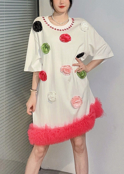 White O Neck Zircon Cotton Mid Dress Summer