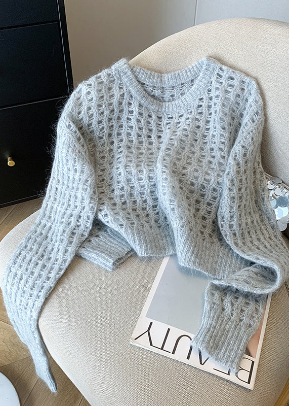 White O Neck Hollow Out Knit Pullover Fall