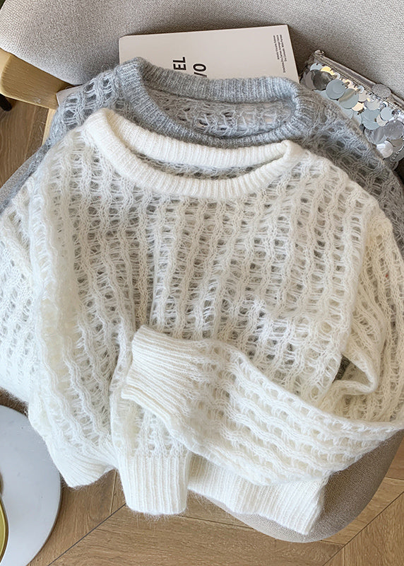 White O Neck Hollow Out Knit Pullover Fall