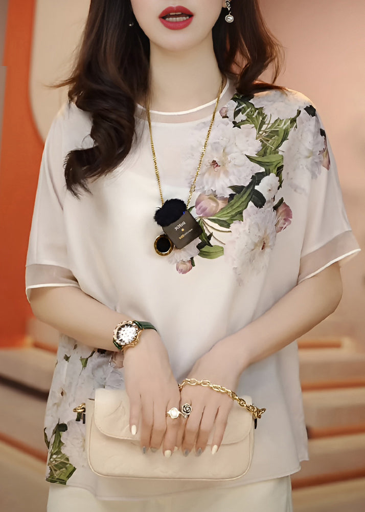 White O-neck Print Chiffon Blouses Summer