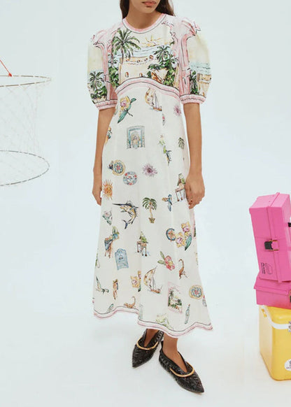 White O-neck Puff Sleeve Print Maxi Dresses