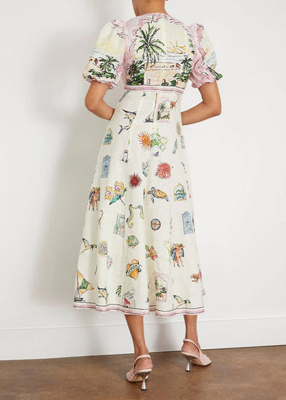 White O-neck Puff Sleeve Print Maxi Dresses