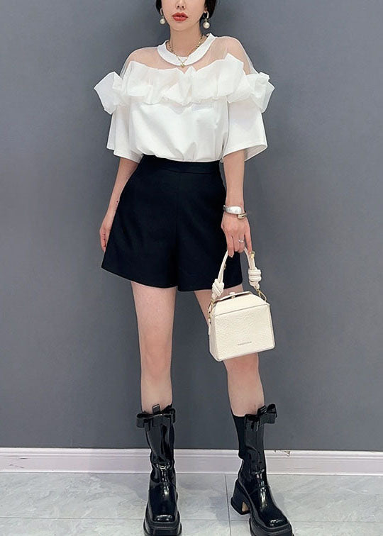 White O Neck Ruffled Tulle Patchwork Cotton Mid Dress Summer