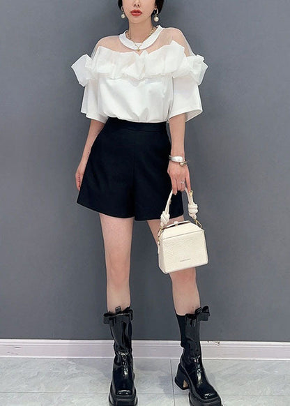 White O Neck Ruffled Tulle Patchwork Cotton Mid Dress Summer