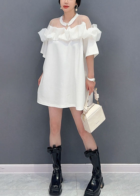 White O Neck Ruffled Tulle Patchwork Cotton Mid Dress Summer