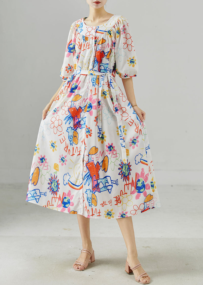 White Oversized Print Cotton Holiday Dress Summer