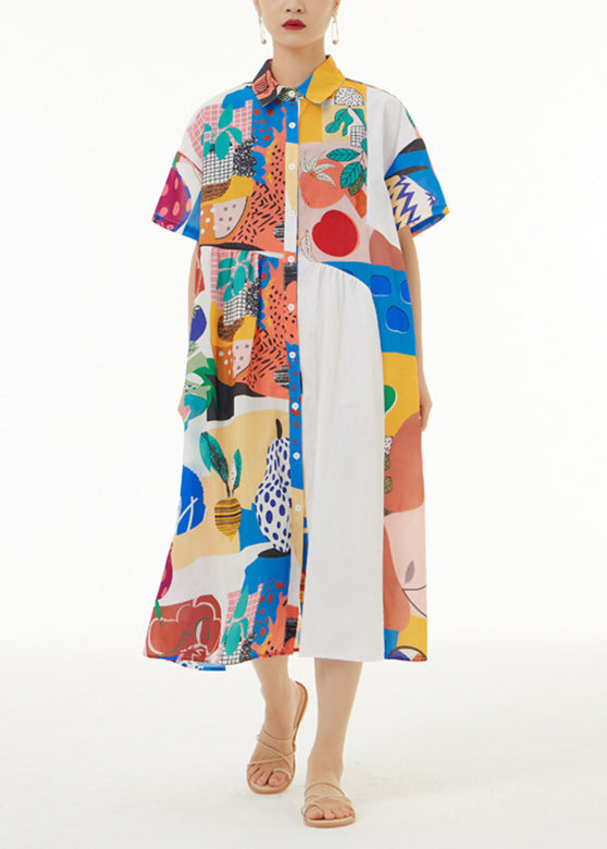 White Peter Pan Collar Print Button Cotton Long Shirt Dress Short Sleeve