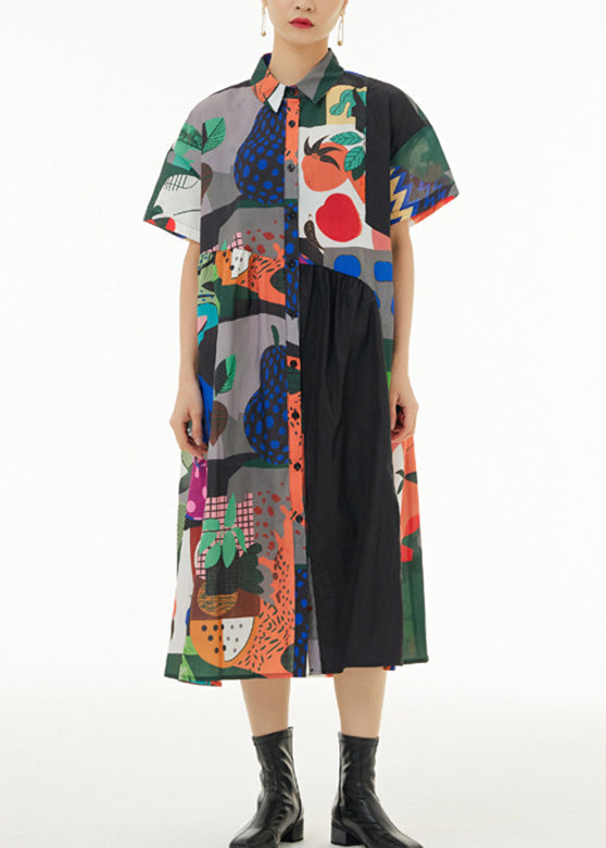 White Peter Pan Collar Print Button Cotton Long Shirt Dress Short Sleeve