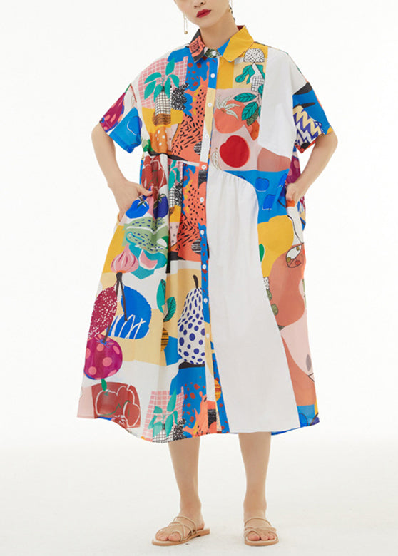 White Peter Pan Collar Print Button Cotton Long Shirt Dress Short Sleeve