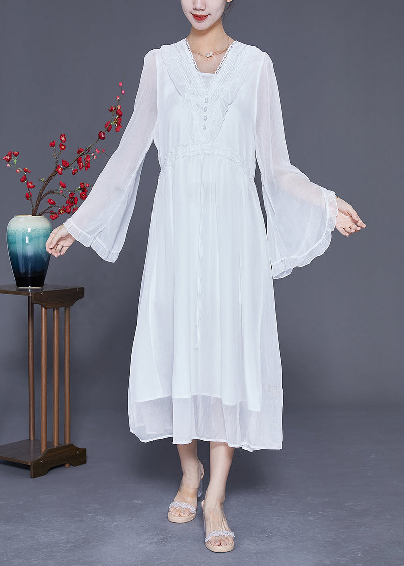 White Ruffled Patchwork Chiffon Holiday Dress Flare Sleeve