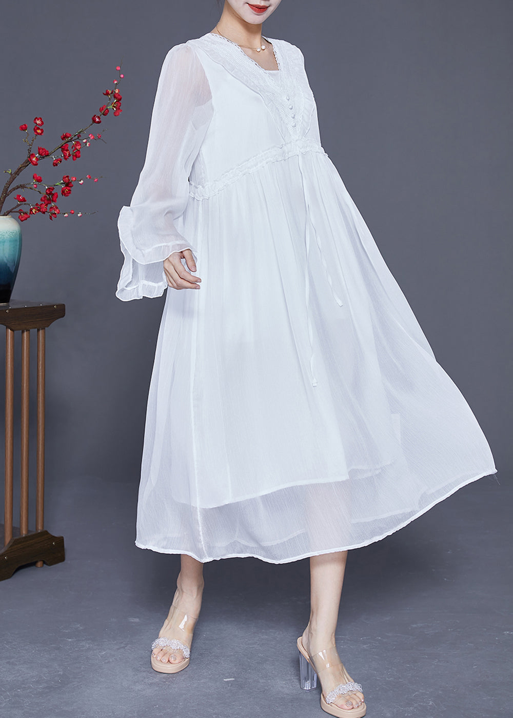 White Ruffled Patchwork Chiffon Holiday Dress Flare Sleeve